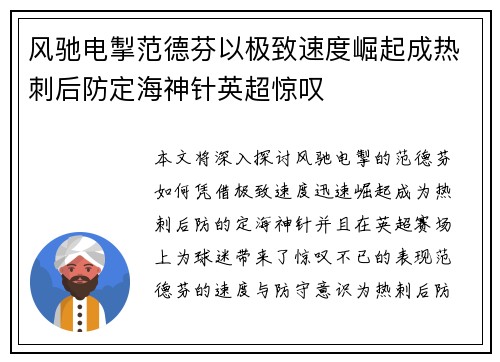 风驰电掣范德芬以极致速度崛起成热刺后防定海神针英超惊叹
